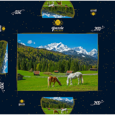 Darstellung des Puzzle Motivs Pferde bei Kaltenbrunn gegen Zugspitzgruppe (2962m), Garmisch-Partenkirchen 200 Puzzle Schachtel 3D Modell