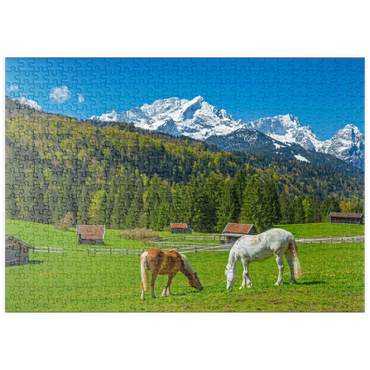 Darstellung des Puzzle Motivs puzzleplate Pferde bei Kaltenbrunn gegen Zugspitzgruppe (2962m), Garmisch-Partenkirchen 500 Puzzle