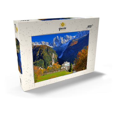Darstellung des Puzzle Motivs Bergdorf Soglio mit Dorfkirche, Engadin, Kanton Graubünden, Schweiz 1000 Puzzle Schachtel Ansicht2