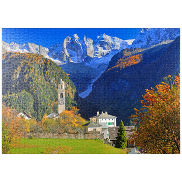 Darstellung des Puzzle Motivs puzzleplate Bergdorf Soglio mit Dorfkirche, Engadin, Kanton Graubünden, Schweiz 1000 Puzzle