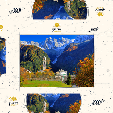 Darstellung des Puzzle Motivs Bergdorf Soglio mit Dorfkirche, Engadin, Kanton Graubünden, Schweiz 1000 Puzzle Schachtel 3D Modell