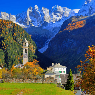 Darstellung des Puzzle Motivs Bergdorf Soglio mit Dorfkirche, Engadin, Kanton Graubünden, Schweiz 100 Puzzle 3D Modell
