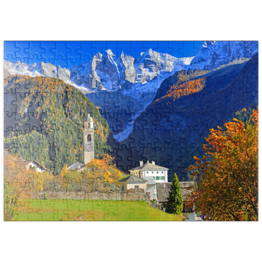 Darstellung des Puzzle Motivs puzzleplate Bergdorf Soglio mit Dorfkirche, Engadin, Kanton Graubünden, Schweiz 200 Puzzle