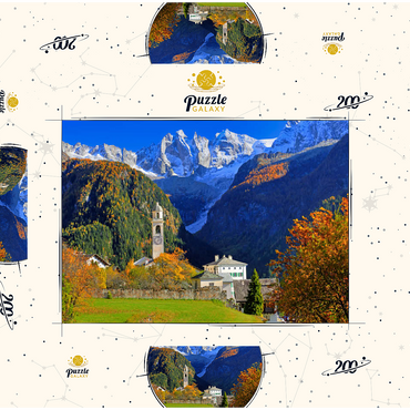 Darstellung des Puzzle Motivs Bergdorf Soglio mit Dorfkirche, Engadin, Kanton Graubünden, Schweiz 200 Puzzle Schachtel 3D Modell