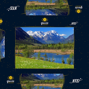 Darstellung des Puzzle Motivs Sieben Quellen im Loisachtal bei Eschenlohe gegen Zugspitzgruppe, Oberbayern 1000 Puzzle Schachtel 3D Modell