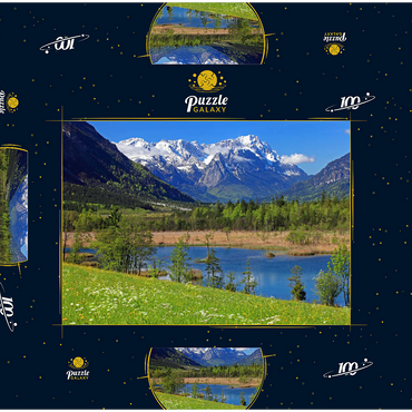 Darstellung des Puzzle Motivs Sieben Quellen im Loisachtal bei Eschenlohe gegen Zugspitzgruppe, Oberbayern 100 Puzzle Schachtel 3D Modell