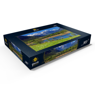 Darstellung des Puzzle Motivs Sieben Quellen im Loisachtal bei Eschenlohe gegen Zugspitzgruppe, Oberbayern 500 Puzzle Schachtel Ansicht1