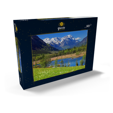 Darstellung des Puzzle Motivs Sieben Quellen im Loisachtal bei Eschenlohe gegen Zugspitzgruppe, Oberbayern 500 Puzzle Schachtel Ansicht2