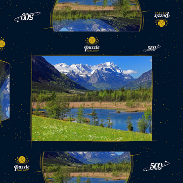 Darstellung des Puzzle Motivs Sieben Quellen im Loisachtal bei Eschenlohe gegen Zugspitzgruppe, Oberbayern 500 Puzzle Schachtel 3D Modell
