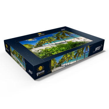 Darstellung des Puzzle Motivs Palmenstrand am Crown Beach Resort bei Arorangi, Insel Rarotonga, Cook Islands, Südsee 1000 Puzzle Schachtel Ansicht1