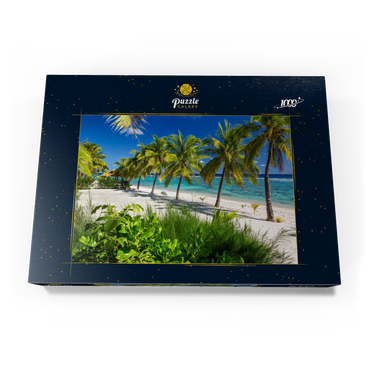 Darstellung des Puzzle Motivs Palmenstrand am Crown Beach Resort bei Arorangi, Insel Rarotonga, Cook Islands, Südsee 1000 Puzzle Schachtel Ansicht3