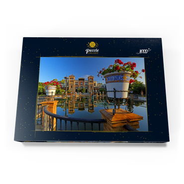 Darstellung des Puzzle Motivs Wasserbecken mit dem Mudejar Pavillon im Morgenlicht, Plaza de America 1000 Puzzle Schachtel Ansicht3