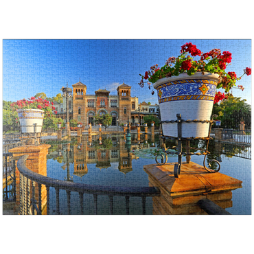 Darstellung des Puzzle Motivs puzzleplate Wasserbecken mit dem Mudejar Pavillon im Morgenlicht, Plaza de America 1000 Puzzle