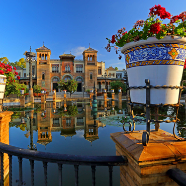 Darstellung des Puzzle Motivs Wasserbecken mit dem Mudejar Pavillon im Morgenlicht, Plaza de America 1000 Puzzle 3D Modell