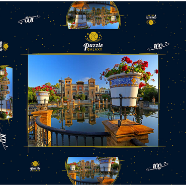 Darstellung des Puzzle Motivs Wasserbecken mit dem Mudejar Pavillon im Morgenlicht, Plaza de America 100 Puzzle Schachtel 3D Modell