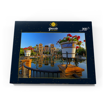 Darstellung des Puzzle Motivs Wasserbecken mit dem Mudejar Pavillon im Morgenlicht, Plaza de America 200 Puzzle Schachtel Ansicht3