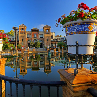 Darstellung des Puzzle Motivs Wasserbecken mit dem Mudejar Pavillon im Morgenlicht, Plaza de America 200 Puzzle 3D Modell