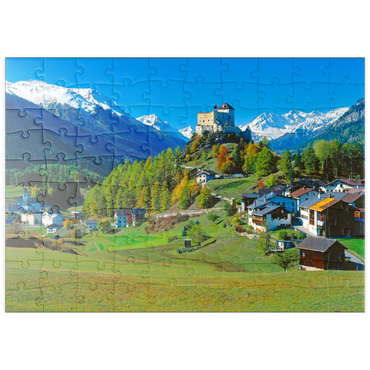 Darstellung des Puzzle Motivs puzzleplate Blick zum Schloss Tarasp, Engadin, Kanton Graubünden, Schweiz 100 Puzzle