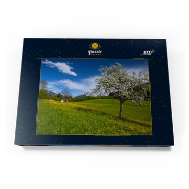 Darstellung des Puzzle Motivs Frühlingswiese in Gerold gegen Wörner (2476m) und Tiefkarspitze (2430m) bei Mittenwald, Oberbayern 1000 Puzzle Schachtel Ansicht3