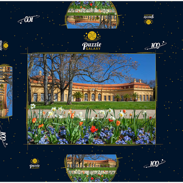 Darstellung des Puzzle Motivs Schlossgarten mit der Orangerie im Frühling zur Zeit der Tulpenblüte 100 Puzzle Schachtel 3D Modell
