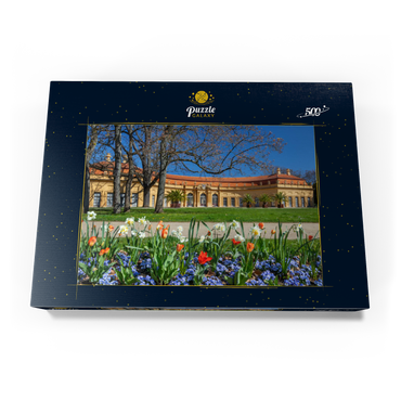 Darstellung des Puzzle Motivs Schlossgarten mit der Orangerie im Frühling zur Zeit der Tulpenblüte 500 Puzzle Schachtel Ansicht3