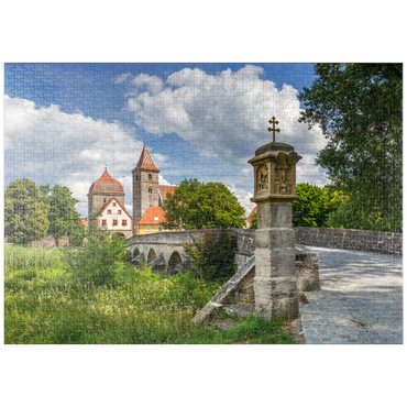 Darstellung des Puzzle Motivs puzzleplate Altmühlbrücke in Ornbau mit dem Stadttor in die Altstadt am Altmühl Radweg 1000 Puzzle