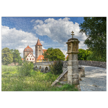 Darstellung des Puzzle Motivs puzzleplate Altmühlbrücke in Ornbau mit dem Stadttor in die Altstadt am Altmühl Radweg 500 Puzzle