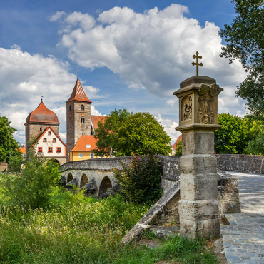 Darstellung des Puzzle Motivs Altmühlbrücke in Ornbau mit dem Stadttor in die Altstadt am Altmühl Radweg 500 Puzzle 3D Modell