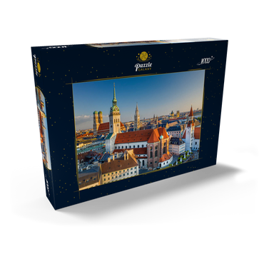 Darstellung des Puzzle Motivs Altstadt mit der Kirche Alter Peter, Frauenkirche, Rathaus am Marienplatz und Altes Rathaus 1000 Puzzle Schachtel Ansicht2