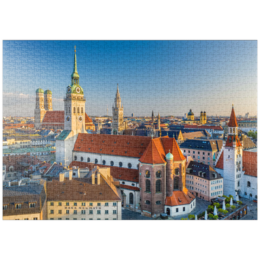 Darstellung des Puzzle Motivs puzzleplate Altstadt mit der Kirche Alter Peter, Frauenkirche, Rathaus am Marienplatz und Altes Rathaus 1000 Puzzle