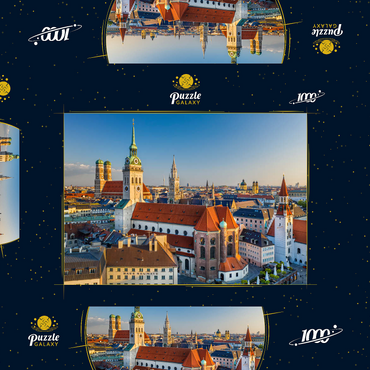 Darstellung des Puzzle Motivs Altstadt mit der Kirche Alter Peter, Frauenkirche, Rathaus am Marienplatz und Altes Rathaus 1000 Puzzle Schachtel 3D Modell