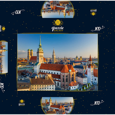 Darstellung des Puzzle Motivs Altstadt mit der Kirche Alter Peter, Frauenkirche, Rathaus am Marienplatz und Altes Rathaus 100 Puzzle Schachtel 3D Modell