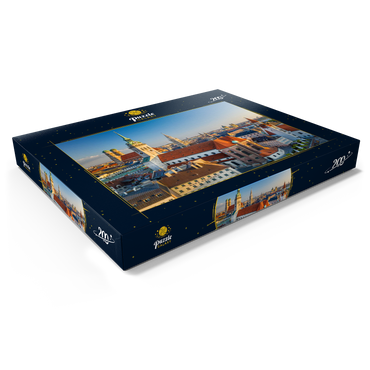 Darstellung des Puzzle Motivs Altstadt mit der Kirche Alter Peter, Frauenkirche, Rathaus am Marienplatz und Altes Rathaus 200 Puzzle Schachtel Ansicht1