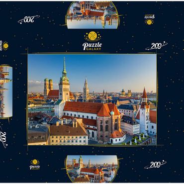 Darstellung des Puzzle Motivs Altstadt mit der Kirche Alter Peter, Frauenkirche, Rathaus am Marienplatz und Altes Rathaus 200 Puzzle Schachtel 3D Modell