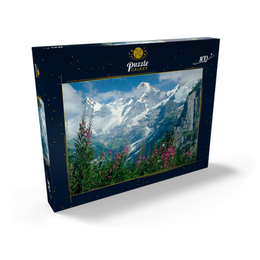 Darstellung des Puzzle Motivs Blick von Mürren auf Eiger, Mönch und Jungfrau, Kanton Bern, Schweiz 100 Puzzle Schachtel Ansicht2