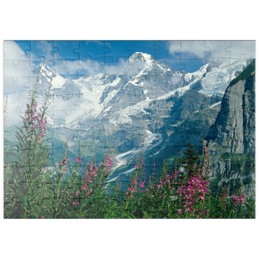 Darstellung des Puzzle Motivs puzzleplate Blick von Mürren auf Eiger, Mönch und Jungfrau, Kanton Bern, Schweiz 100 Puzzle