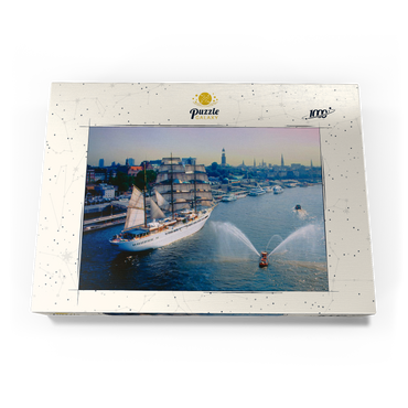 Darstellung des Puzzle Motivs Begrüßung der Sea Cloud an den St. Pauli Landungsbrücken, Hamburg, Deutschland 1000 Puzzle Schachtel Ansicht3