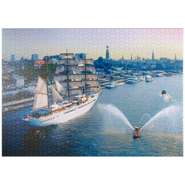 Darstellung des Puzzle Motivs puzzleplate Begrüßung der Sea Cloud an den St. Pauli Landungsbrücken, Hamburg, Deutschland 1000 Puzzle