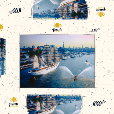 Darstellung des Puzzle Motivs Begrüßung der Sea Cloud an den St. Pauli Landungsbrücken, Hamburg, Deutschland 1000 Puzzle Schachtel 3D Modell