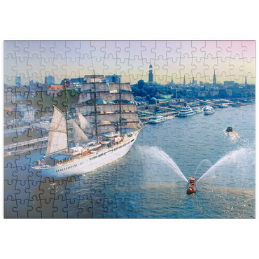 Darstellung des Puzzle Motivs puzzleplate Begrüßung der Sea Cloud an den St. Pauli Landungsbrücken, Hamburg, Deutschland 200 Puzzle