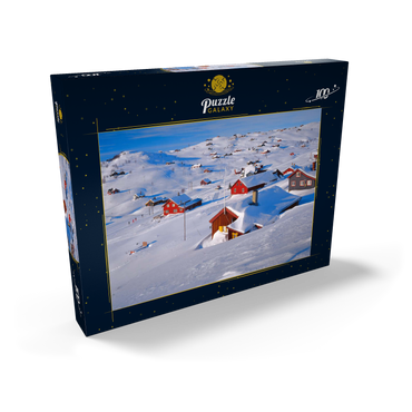 Darstellung des Puzzle Motivs Blick über das Hüttendorf Ustaoset, Buskerud, Hallingdal, Norwegen 100 Puzzle Schachtel Ansicht2