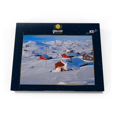 Darstellung des Puzzle Motivs Blick über das Hüttendorf Ustaoset, Buskerud, Hallingdal, Norwegen 100 Puzzle Schachtel Ansicht3