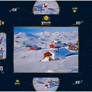 Darstellung des Puzzle Motivs Blick über das Hüttendorf Ustaoset, Buskerud, Hallingdal, Norwegen 100 Puzzle Schachtel 3D Modell
