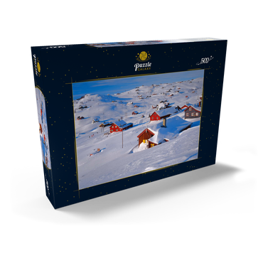 Darstellung des Puzzle Motivs Blick über das Hüttendorf Ustaoset, Buskerud, Hallingdal, Norwegen 500 Puzzle Schachtel Ansicht2