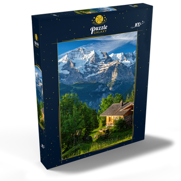 Darstellung des Puzzle Motivs Isenfluh, Weiler Sulwald (1520m) Hütte gegen Jungfrau (4158m) 100 Puzzle Schachtel Ansicht2