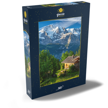 Darstellung des Puzzle Motivs Isenfluh, Weiler Sulwald (1520m) Hütte gegen Jungfrau (4158m) 500 Puzzle Schachtel Ansicht2