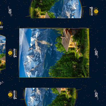 Darstellung des Puzzle Motivs Isenfluh, Weiler Sulwald (1520m) Hütte gegen Jungfrau (4158m) 500 Puzzle Schachtel 3D Modell