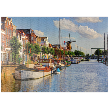 Darstellung des Puzzle Motivs puzzleplate Hafen im Stadtteil Delfshaven mit der Windmühle de Disteleerketel, Rotterdam 1000 Puzzle