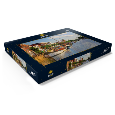 Darstellung des Puzzle Motivs Hafen im Stadtteil Delfshaven mit der Windmühle de Disteleerketel, Rotterdam 100 Puzzle Schachtel Ansicht1