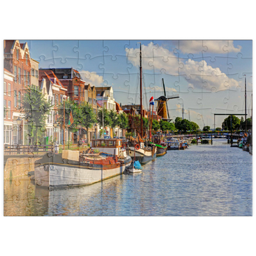 Darstellung des Puzzle Motivs puzzleplate Hafen im Stadtteil Delfshaven mit der Windmühle de Disteleerketel, Rotterdam 100 Puzzle